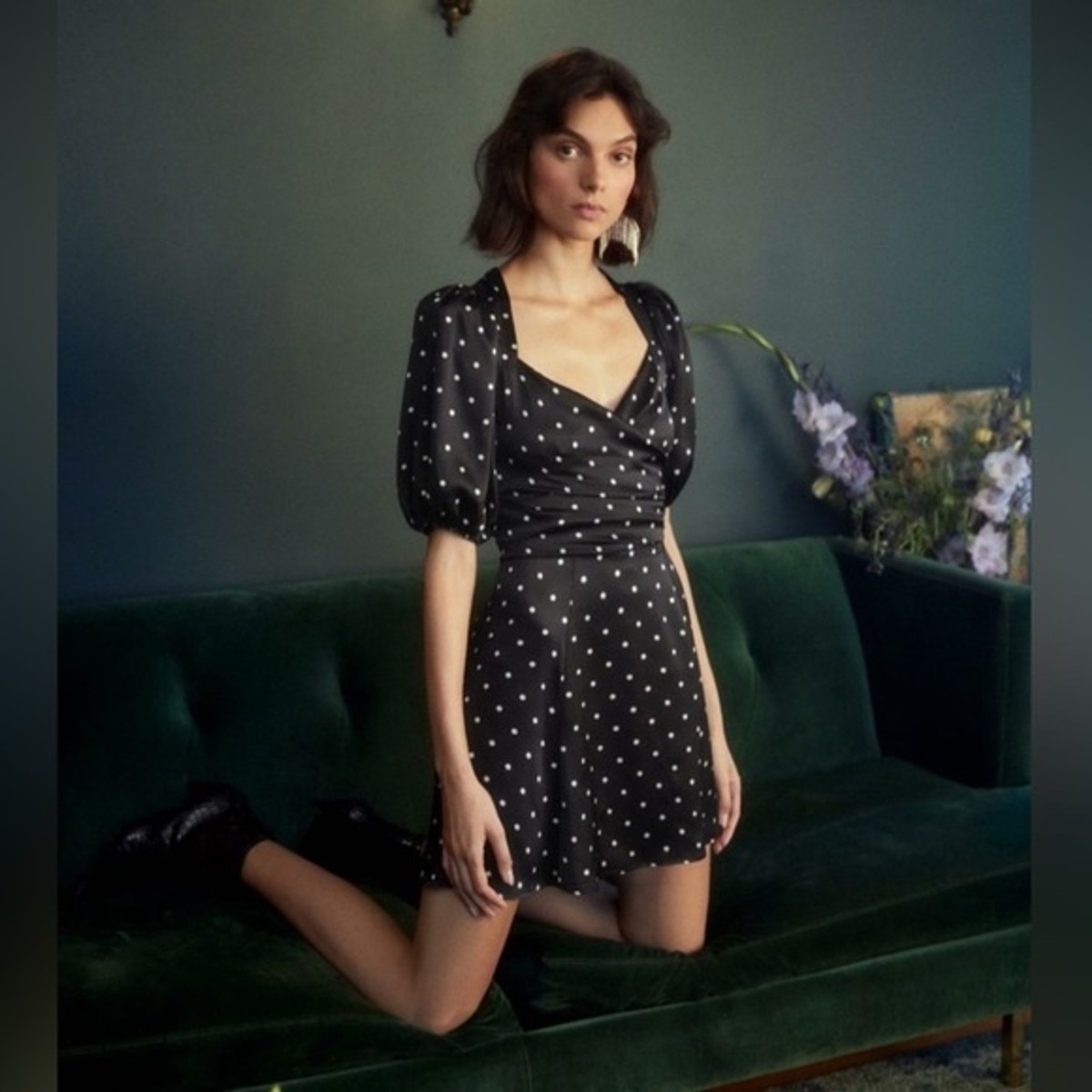 reformation mini wrap dress Reformation Olince Polka-dot Crepe Mini Wrap