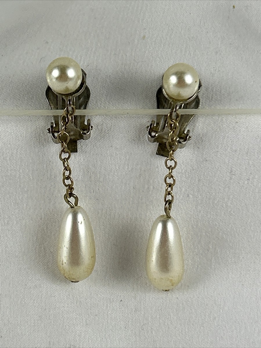 Vintage Clip On Earrings Dangling Faux Pearls Teardrop