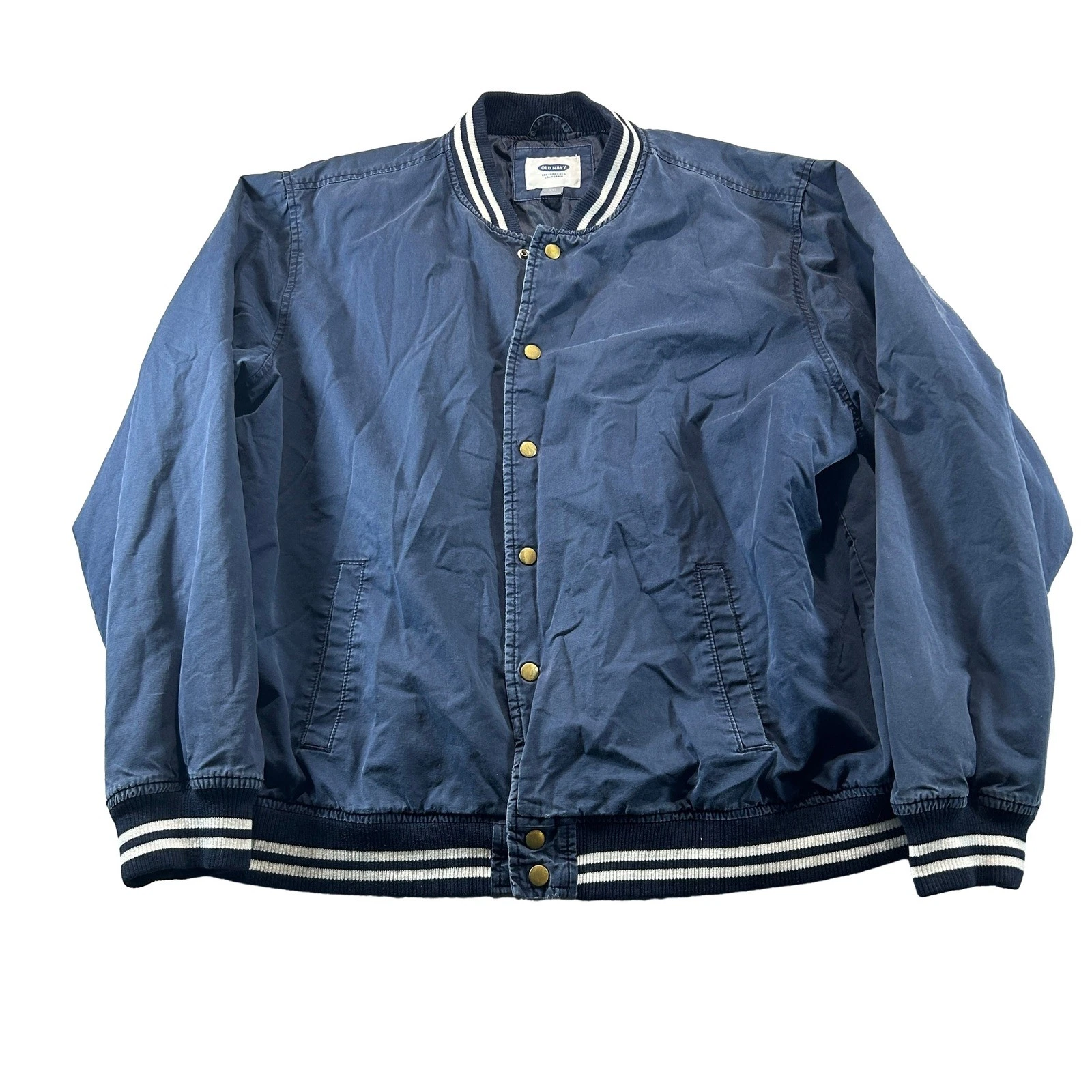 Old Navy Bomber Jacket Mens XXL Blue Varsity Striped Trim Snap Front Outerwear image 1