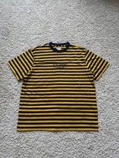 GUESS Originals - Embroidered Logo Striped Short Sleeve Tee Men s L Navy/Yellow