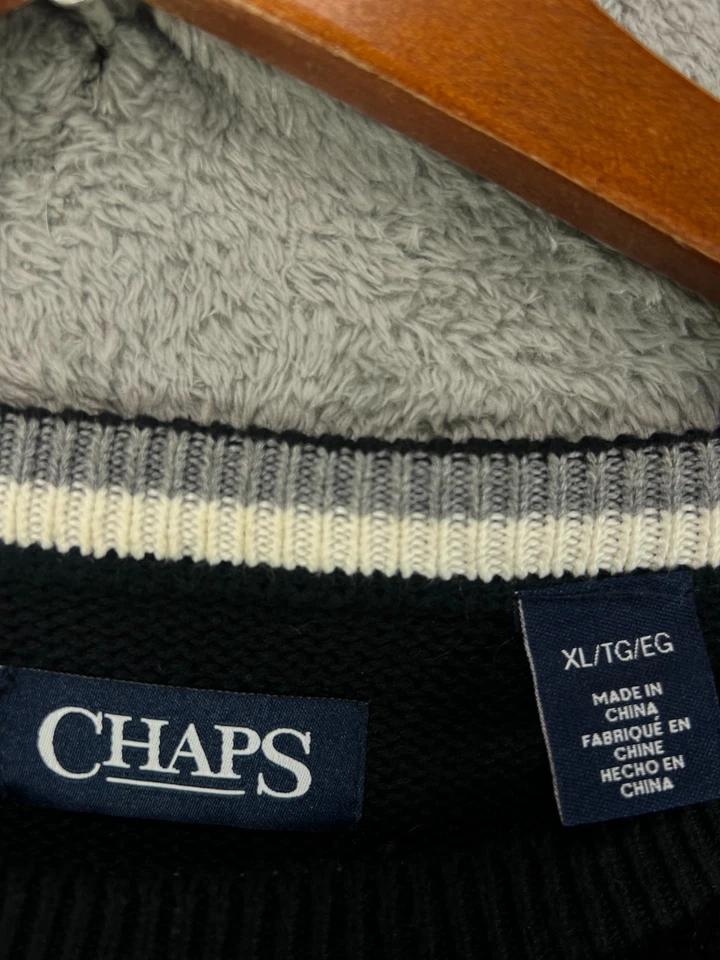 Suéter de punto negro XL para hombre CHAPS cuello redondo suéter preppy gris escudo logotipo algodón Foto 4 de 4