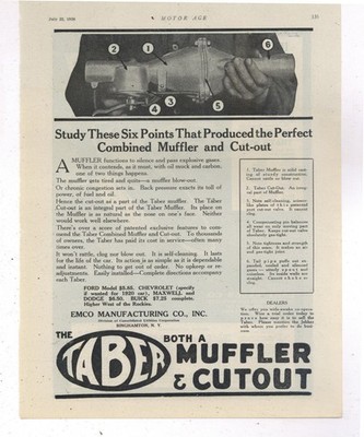1920 EMCO Mfg. Co. of Binghamton, New York Ad: TABER Auto Muffler & Cutout Pic