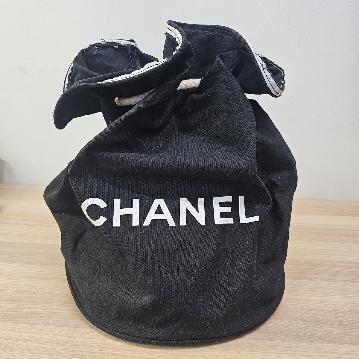 CHANEL Bucket Backpack Black Canvas Drawstring Rope Strap Novelty