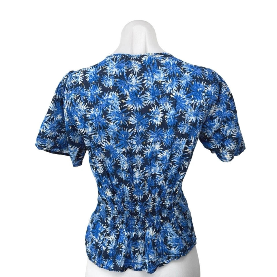 Blusa Top Michael Kors Azul Floral Metálico Cerradura Corbata Manga Corta Peplum S Foto 2 de 4