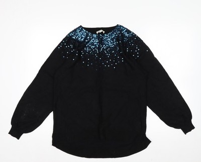 Monsoon Damen Pullover Pulli schwarz Pailletten Rundhals Wollmischung M
