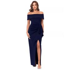 XSCAPE Women's Off-The-Shoulder Ruched Side-Slit Gown Navy 14