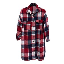 Women's Plaid Shacket Small Red Blue White Button Front Flannel Oversized