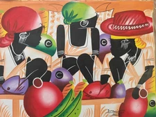 Dipinto "Naif Haitian" acrilico su tela 60 cm x 50 cm " Scena Mercato "