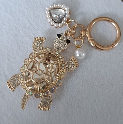 Schlüsselanhänger Schildkröte & Herz gold/weiß, Metall, Strasssteine & Perlen