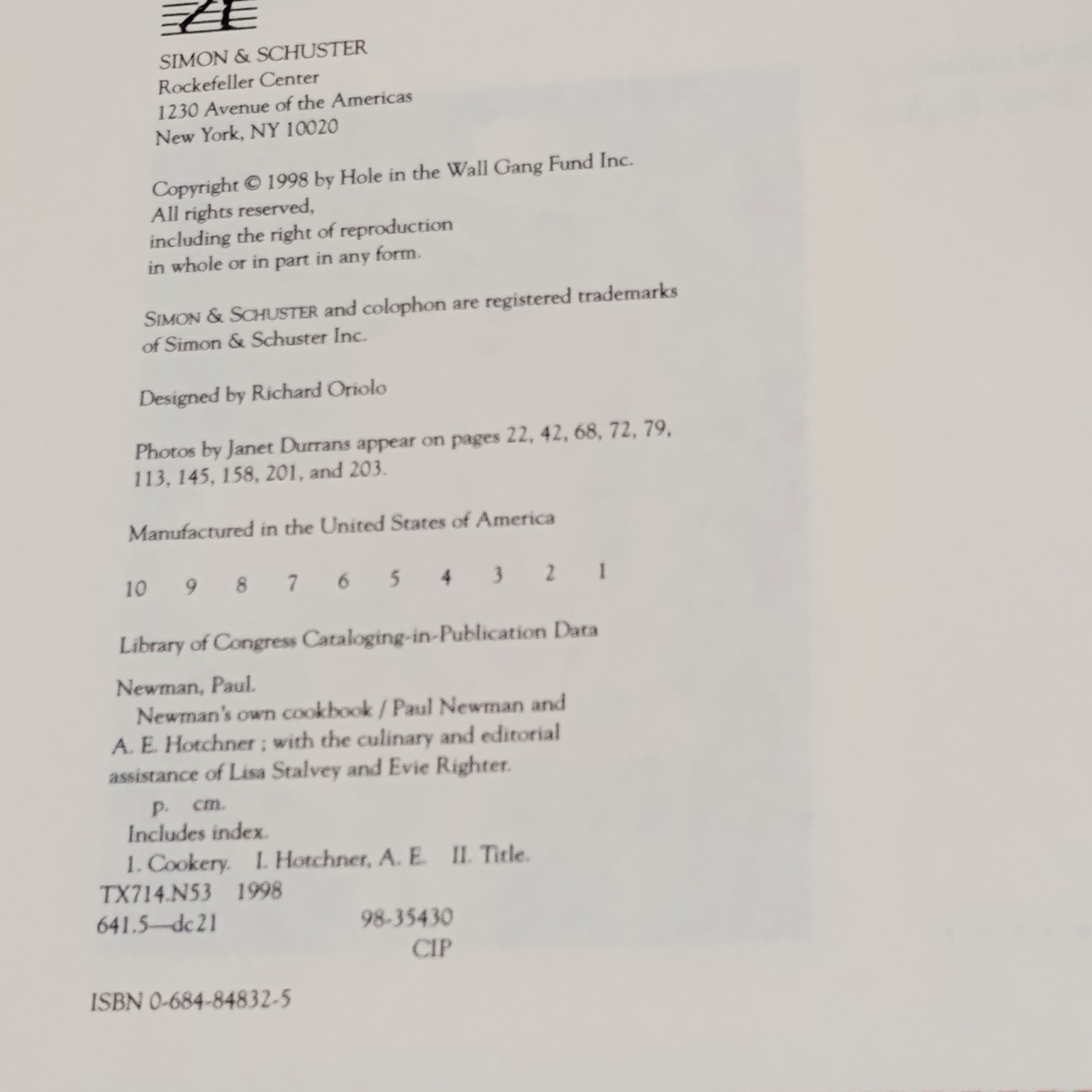 Newman's Own Cookbook 1998 Hardcover Excellent 