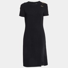 Versace Black Stretch Crepe Logo Safety Pin Detail Midi Dress M