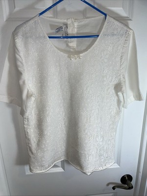 Blouse Top Vintage Laura & Jane White Size 12 Lace Front Short Sleeves Rosettes
