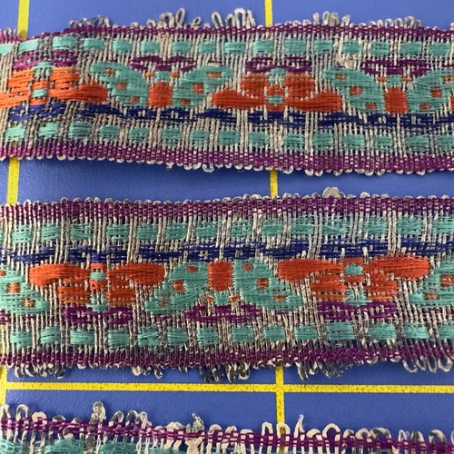 Antique Metallic Silk Ribbon Hand Woven Teal & Red Butterfly Motif 180” by 5/8” - Picture 4 of 10