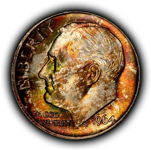 1964-D 10c Roosevelt Silver Dime - PQ Neon Speckled Toning - BU - SKU-Z6440