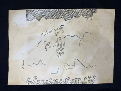 KEITH HARING - painting drawing 9.05 x 12.99 in  on old paper signed stamped