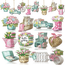 36 Pcs Pastel Spring Ornaments for Tree Wooden Flower Decorations Tulip Truck Wa