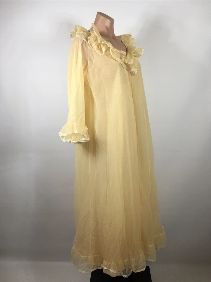 Vtg 60s Worth Chiffon Robe Ruffle Babydoll Sweep Lingerie Nightgown Wedding S - Image 4 of 4