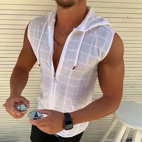 Men Sleeveless Workout Hoodie Solid Zipper Vest Gym Bodybuilding Hooded Tank ṑ - Picture 8 of 19