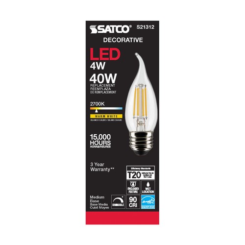 Pack LED Filament Chandelier Flame 120V 4W 40W CA11 Medium E26 2700K Warm White - Picture 7 of 12