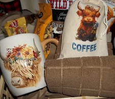 Highland cow Gift Basket Mug Coffee  Candy Nuts Cocoa Wicker Unique Gifts  #2FUN