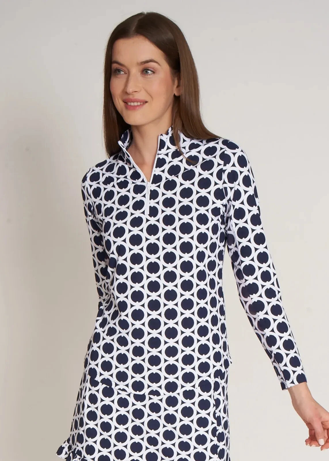 NWT G LIFESTYLE GEO NAVY BLUE & WHITE Long Sleeve Mock Golf Shirt S M L & XL