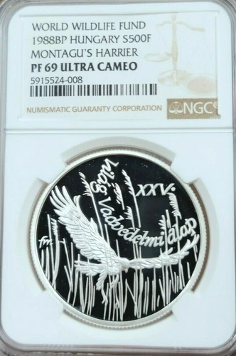 1988 HUNGARY SILVER 500 FORINT MONTAGUS HARRIER NGC PF 69 ULTRA CAMEO TOP POP