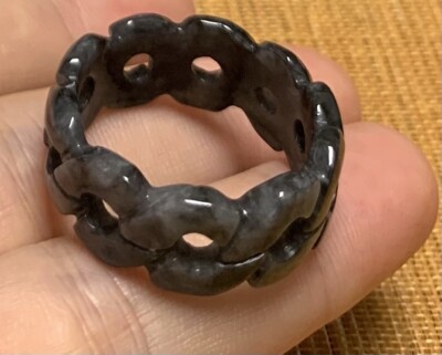 Certified Black 100%  Natural A JADE Jadeite Knotted Coin RING USA. 11.75 418152