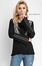 USA New VOCAL Womens PLUS SIZE CRYSTAL BLACK WHITE WINGS LACE UP SHIRT 1X 2X 3X