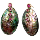 Natural Abalone Shell Red  Cubic Zirconia pave Dangle Stud Earrings for women