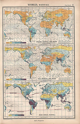 1952 Landkarte ~ Welt Rainfall ~ Winds Januar & Juli Mean Annual