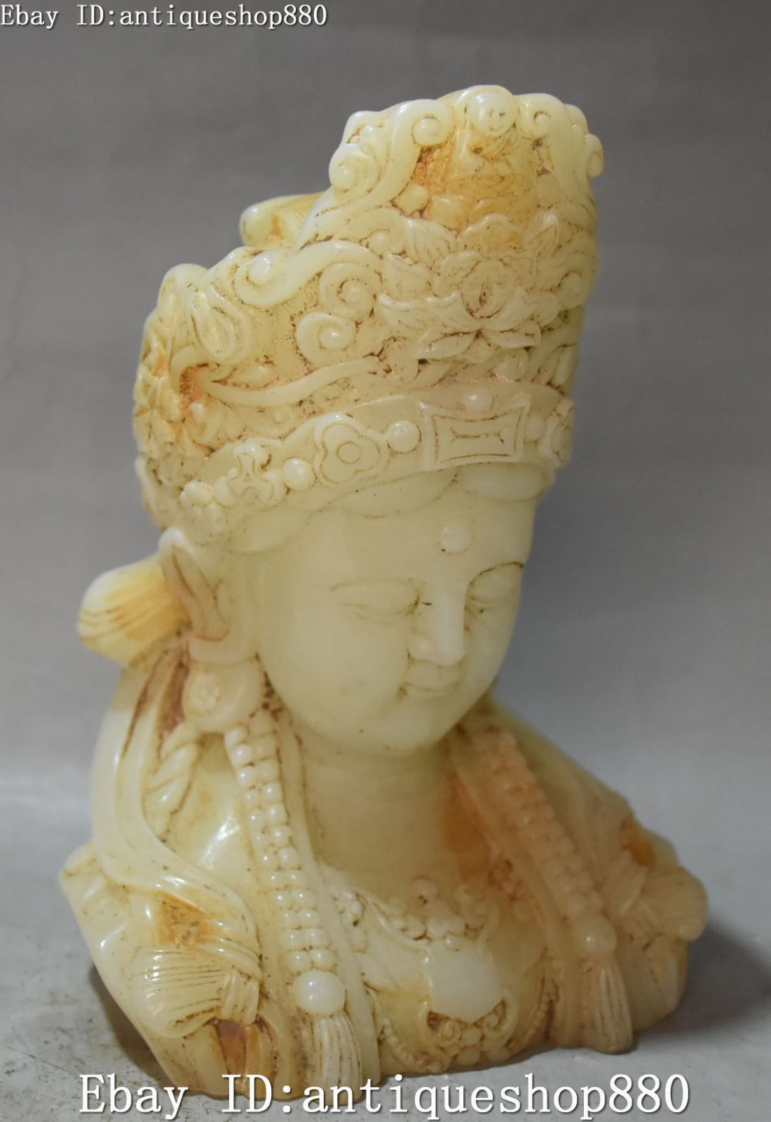 China Old Jade Carving Kwanyin Guanyin Guan Quan Yin Goddess Head Bust