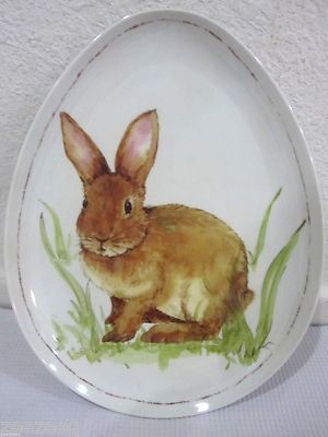 WELL DRESSED HOME EASTER BUNNY RABBIT MELAMINE SALAD EGG SHAPE PLATES S/4