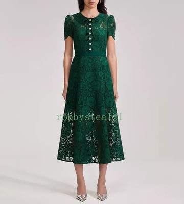 Self-Portrait Women's Green Dress Short Sleeve Slim Flared Skirt