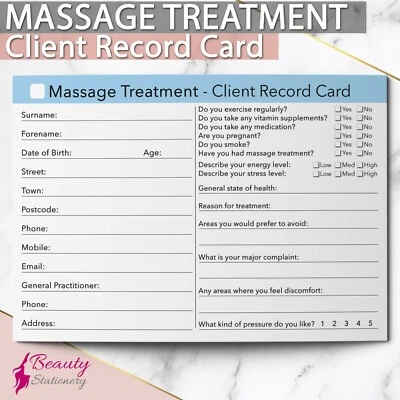BEAUTY STATIONERY Massage Client Record Card Treatment Consultation Massage Therapists Salons A6
