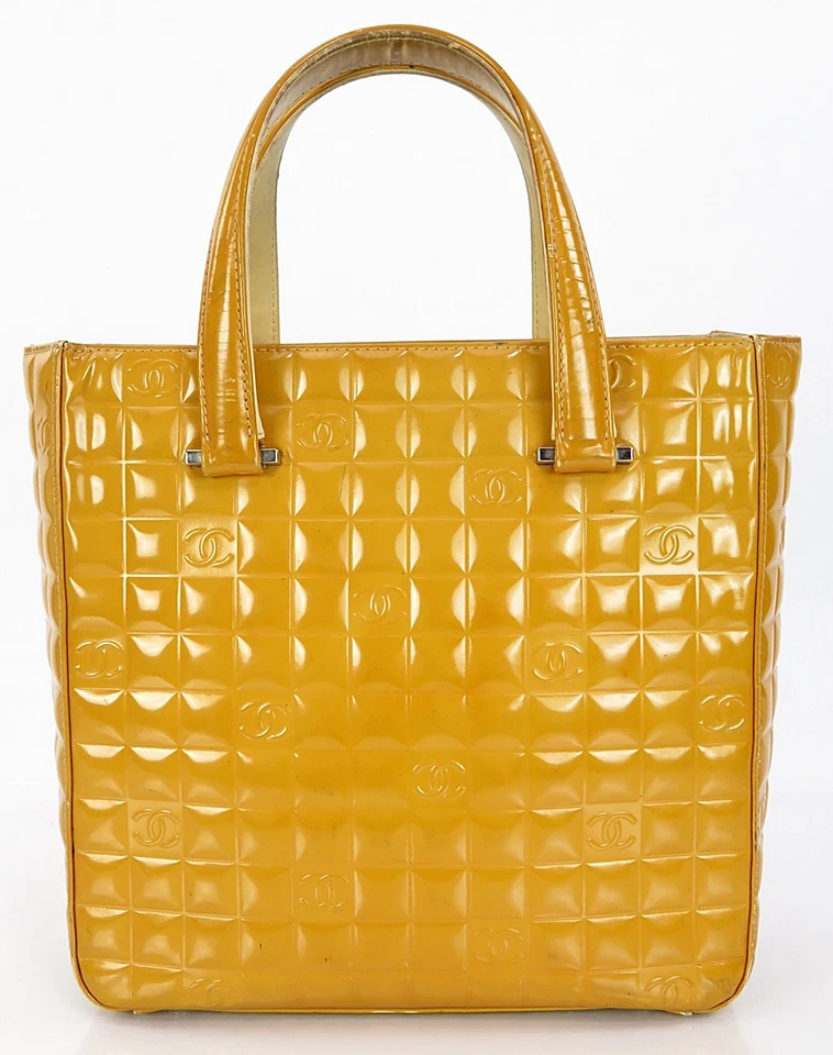 Authentic CHANEL Beige Chocolate Bar Patent Leather Tote Hand Bag #61657 - Image 2 of 4