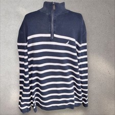 Nautica - Navy Blue  White Striped Cotton 1/4 Zip Pullover - Size XL