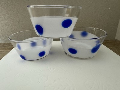 Galbiati Murano Art Glass Bowl Blue Polka Dots Frosted White Cased 4.5  Set Of 3