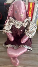 Vintage Handmade Pink Primitive Satin Bunny 19 Embroidered Face Blue Eyes