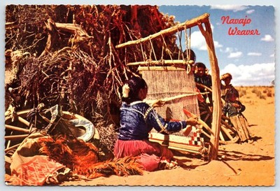 Postcard Navajo Weaver at Work in Desert Landscape