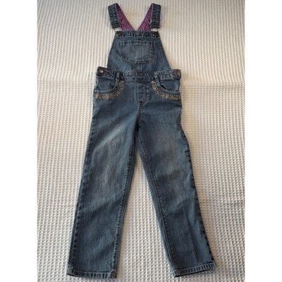 Genuine Kids OshKosh Girls Denim Overalls 5T Blue Beaded Embroidery Polka Dot
