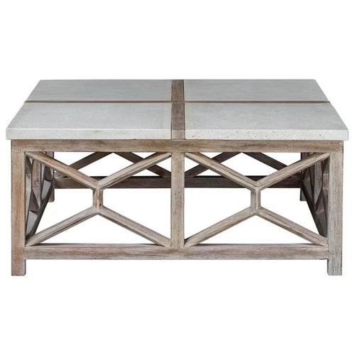 Uttermost Catali 40" Square Wood and Stone Top Coffee Table in Ivory/Oatmeal - Picture 3 of 8