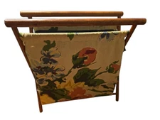 1960s Vintage Sewing Caddy Basket With Wooden Folding Frame 14" tall Floral 