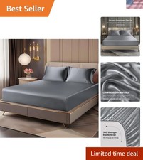 Satin Queen Fitted Sheet Pillowcases Set, Dark Grey, 3 Pieces Luxury Soft...