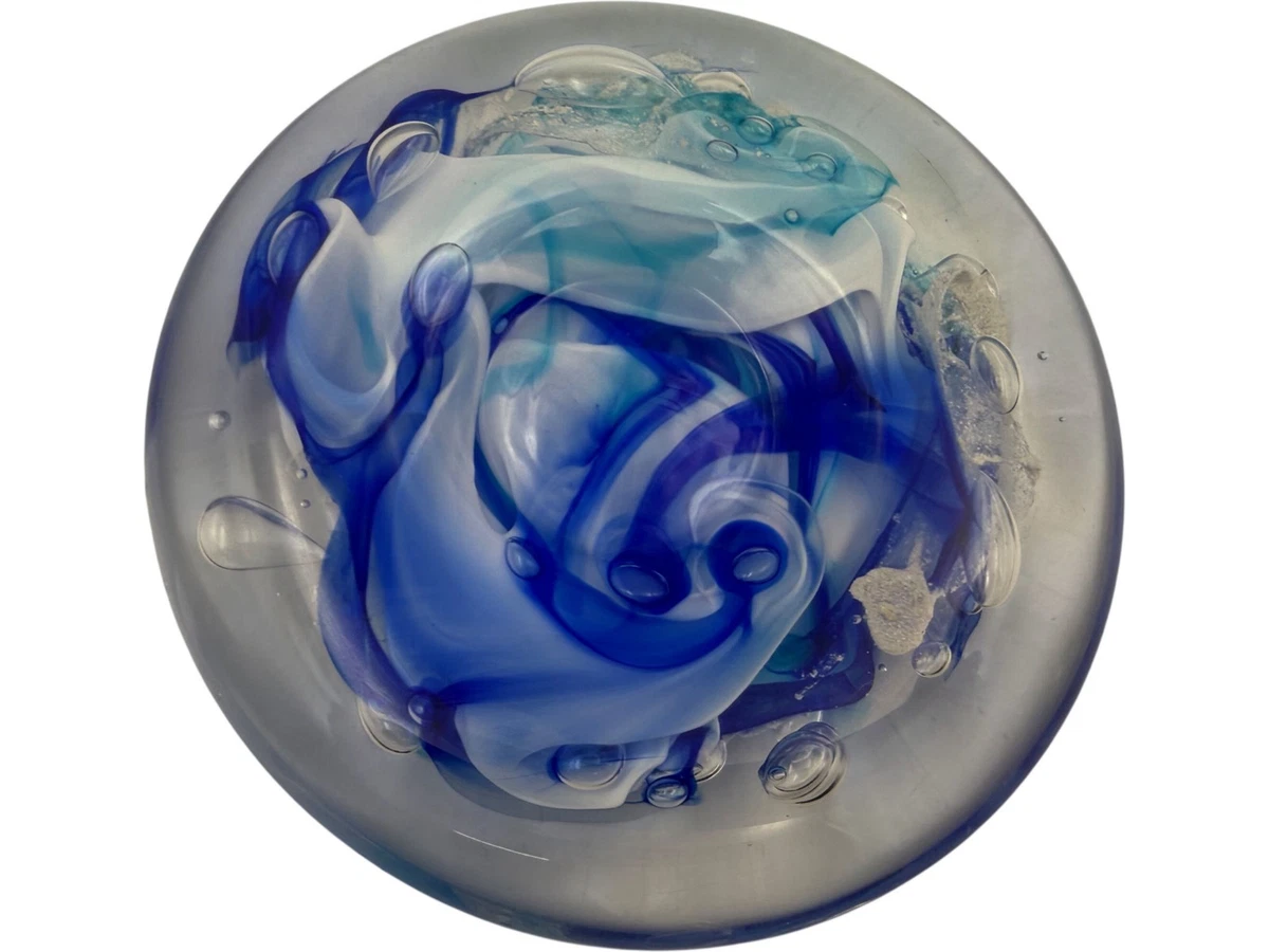Glass Sculpture Blue Swirls Signed Kelly Lowe Art Piece Collectable Ornament