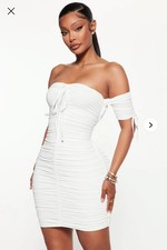 Fashion nova white ruched bodycon off the shoulder mini dress size small