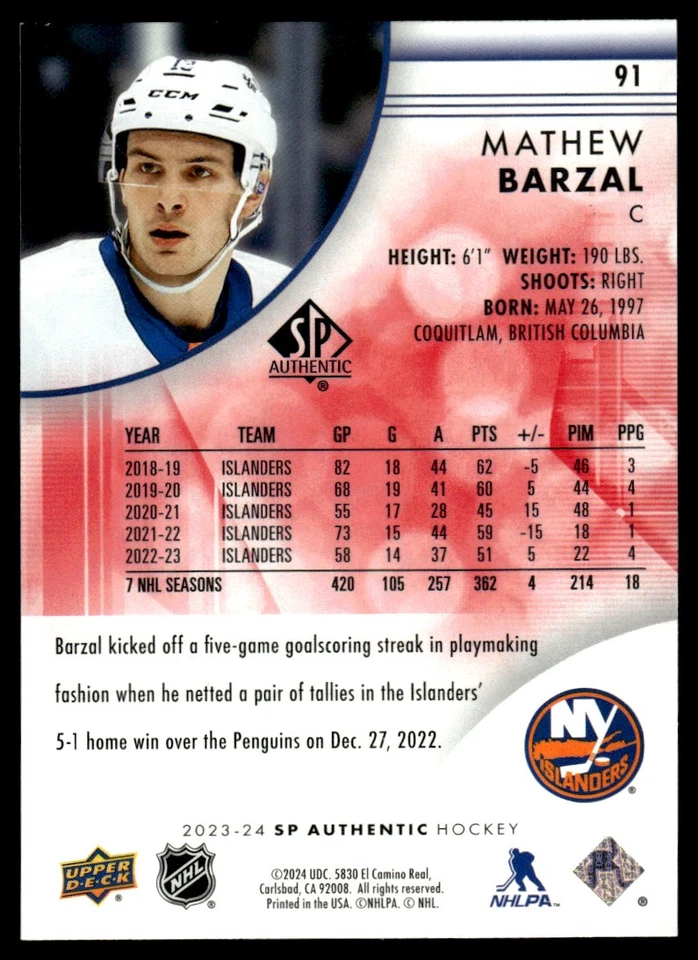 2023-24 SP Authentic Limited Red Mathew Barzal New York Islanders #91 - Image 2 of 2