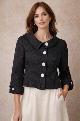 Escada Cropped Jacket Blazer 34 Black Textured Silk Cotton Designer