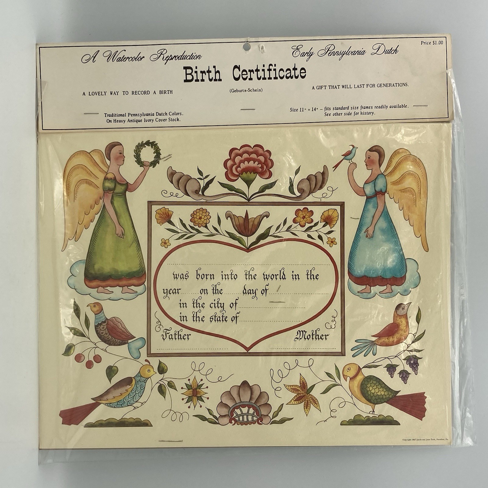 1967 Jacob Zook Birth Certificate Blank Pennsylvania Dutch Birds Angles NOS