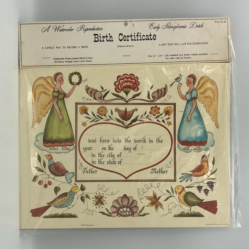 1967 Jacob Zook Birth Certificate Blank Pennsylvania Dutch Birds Angles NOS