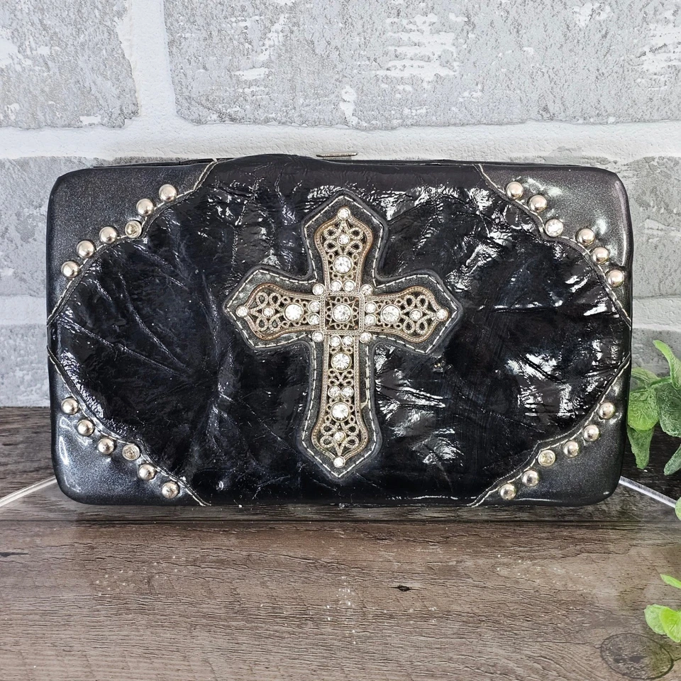 Cartera sin asas estilo occidental estrás cruz tarjetero negra Foto 2 de 4